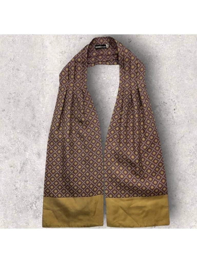 Herms Silk Ascot Cravat France Burgundy Gray Beige Geometric Euc